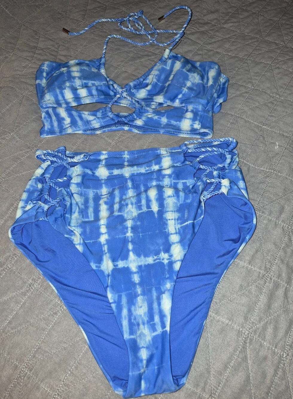 Aerie Blue Tie Dye Bandeau Halter Bikini Top and Cheeky Bottom Set Size S